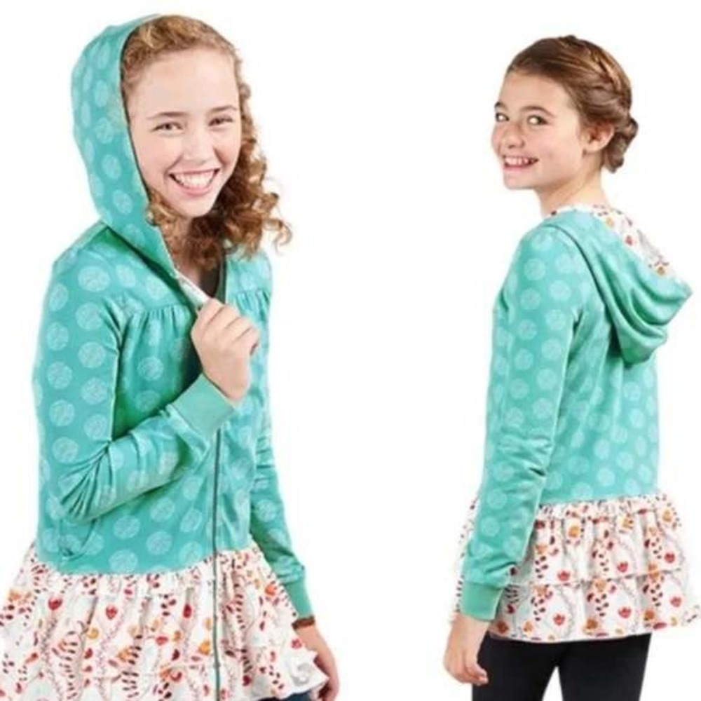 Matilda Jane Girls 10 Zip Up Hoodie Teal Floral Ruffle Hem Boho Whimsical Jacket